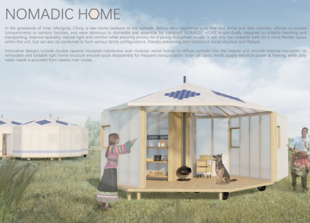 Hexagonal Shelter Built with Fiberglass Membrane and Solar-Cell Integration for Nomadic Living  