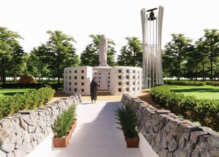Womb-Inspired Structure Crafted with Polished Ceramic and Grey Marble for Reflective Remembrance  