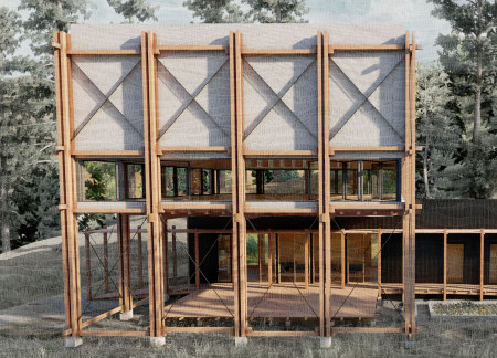 Floating Retreat Enhanced by Glass Facades and Natural Timber Elements