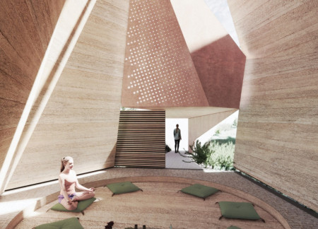 Rammed Earth Walls Enhance Contemplative Space with Natural Light and Curved Timber Form