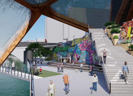 Twisted Form Construction Using Glass Façades and Integrated Greenery for Urban Connectivity