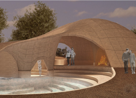 Rammed Earth and Pumice Structures Shaping a Centerless Spiral for Community Wellness