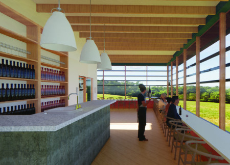 C-Shaped Wine Tasting Room Crafted From Birch Panels and Sustainable Materials
