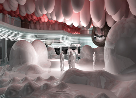 Collaborative office featuring molded plastics and acoustic panels within a fluid spatial design  