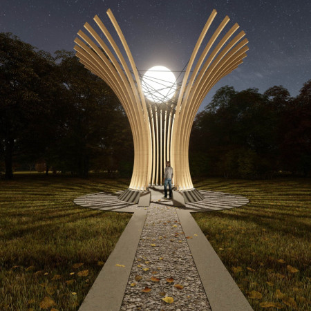 Curvilinear Form Crafted From Cross-Laminated Timber With Illuminated Spherical Center