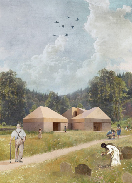 Natural Stone and Spruce Structures That Foster Community Reflection Amidst Nature