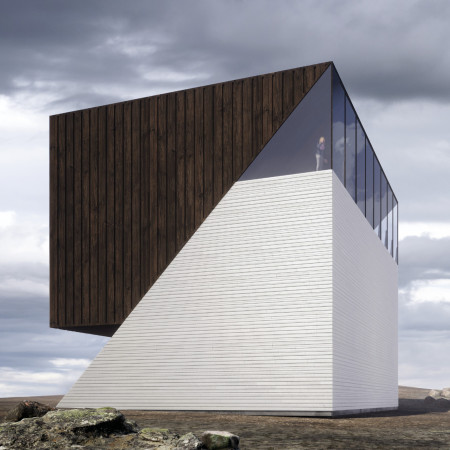 Fractured Concrete Form With Charred Wood Facade Nestled in Icelandic Landscape  