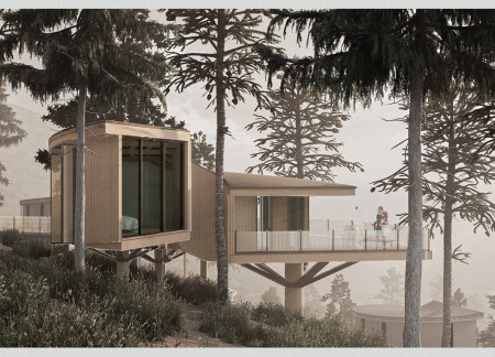 Curved Structures in Local Larch and Cork Enhance Wellness Retreat Experience