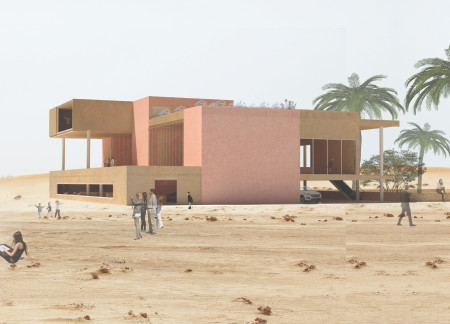 Charred Stone Facade Complementing Glass Elements in a Desert Wetland Observation Gallery  