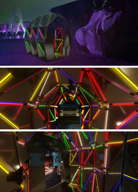 Foldable Structure With Aluminum Facade and Neon Accents Designed for Communal Gatherings