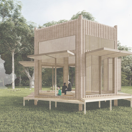Hexagonal Retreat Crafted from Recyclable Paper Tubes and Natural Materials  