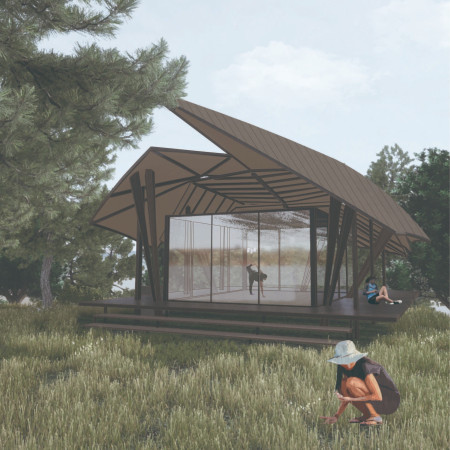 Leaf-Like Roof of Charred Wooden Shingles Over Natural Light-Filled Space for Meditation  
