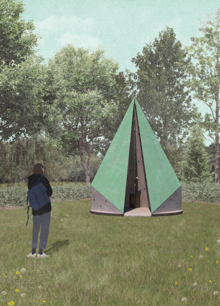 Patinated Copper and Perforated Concrete Embrace in a Contemplative Memorial Space  