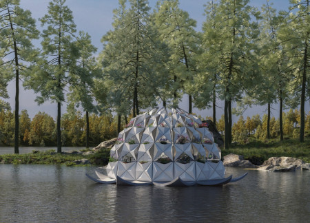 Floating Habitat Crafted with Triangular Metal Framework and Frosted Glass Panels