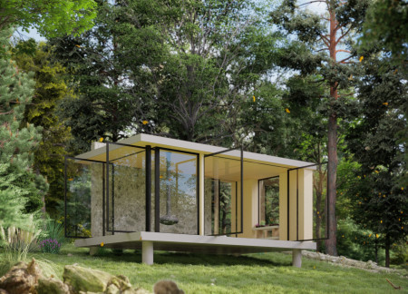 Translucent Glass and Natural Stone Retreat Embraced by Cedar and Concrete in a Forest Setting