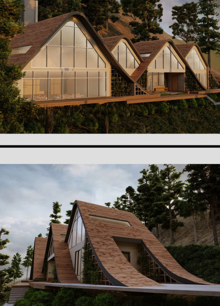 Curved Roof Design Enhanced by Hempcrete and Expansive Glass Walls in a Tranquil Wellness Retreat