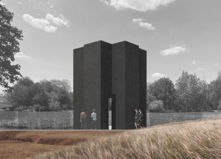 Gray Stone Structure Enhanced by Translucent Glass and Engaging Void Spaces for Reflection  