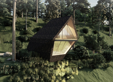 Pentagon-Shaped Retreat Constructed with Recycled Wood Shingles and Expanded Cork Insulation  