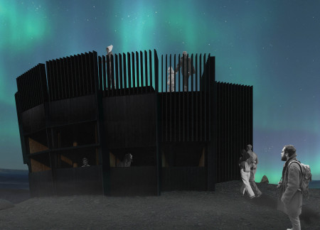 Charred Wooden Shingles Forming an Observational Pavilion in a Volcanic Landscape