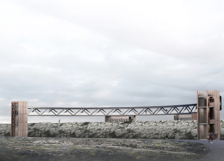 Curved Steel Structure with Transparent Glass and Volcanic Rock in Icelandic Landscape  