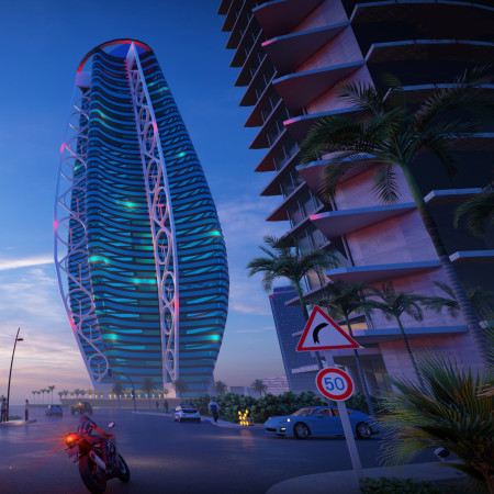 Vertical Gardens with Colored Glass Facades and Wind Turbines Elevate Contemporary Office Spaces  