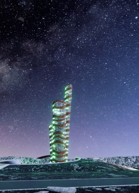 Corten Steel Tower Enveloped in Nature’s Vistas With Geothermal Sustainability Elements  