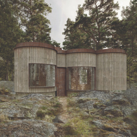 Curved Form Featuring Cross-Laminated Timber Panels and Charred Wooden Shingles in a Micro Dwelling Retreat  