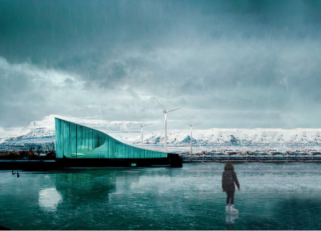 Translucent Glass and Curved Concrete Create an Immersive Cinematic Experience in a Scenic Landscape