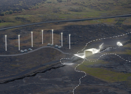 Lava Stone and Aluminum Structure Embracing Tectonic Views in Icelandic Landscape