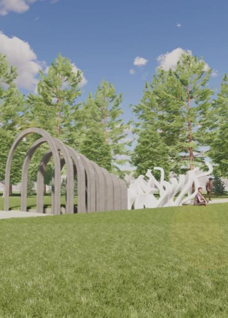 Curvilinear Structures of White Polymeric Material Nested Within a Concrete Archway for Reflective Community Engagement