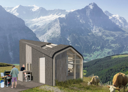 Vertical Farming Wall With Charred Wooden Shingles in an Eco-Friendly Microhome