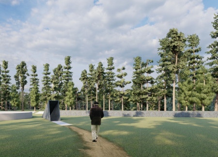 Cyclical Design with White Concrete and Reflective Water Features in a Serene Forest Setting