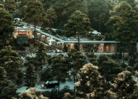 Charred Wood Accents and Exposed Concrete Form a Community Hub Rooted in Nature