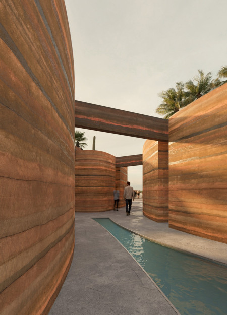 Textured Earth and Water Composition in a Serene Reflective Pavilion