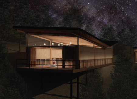 Wellness Retreat with Floating Framework and Sustainable Gabion Structures