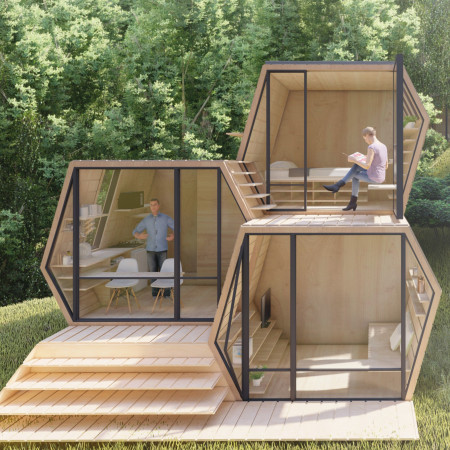 Modular Living Spaces Crafted with Cross-Laminated Timber Panels and Charred Wooden Shingles  