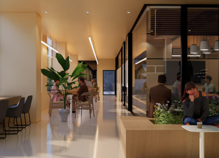 Biophilic Space Integrating Glass and Natural Wood in a Collaborative Workspace
