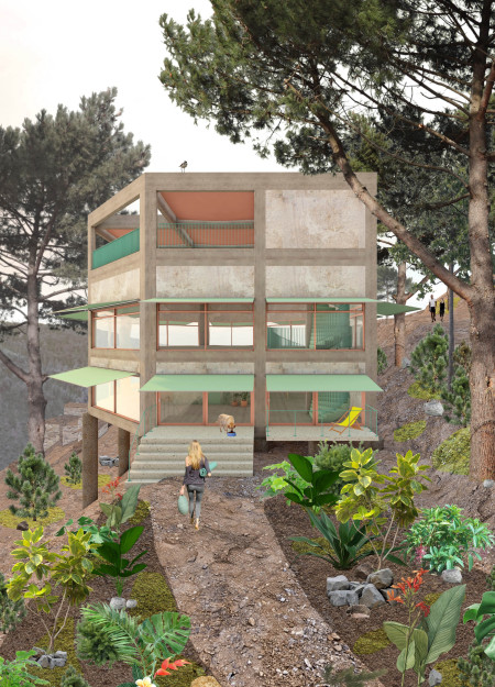 Elevated Concrete Pillars and Natural Stone Create a Harmonious Yoga Retreat in a Forested Setting