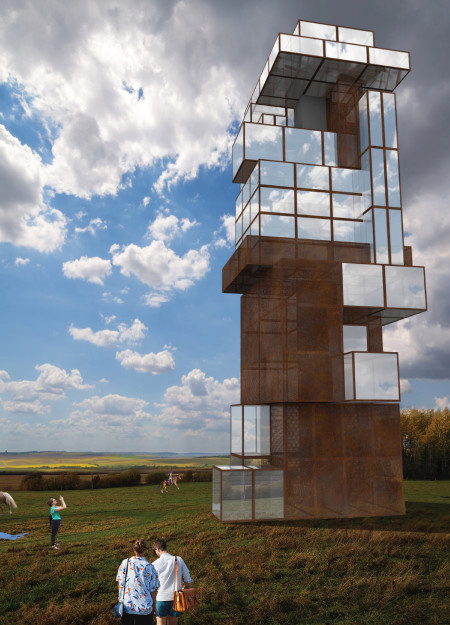 Weathered Corten Steel and Glass Structure Elevating Scenic Views in Natural Settings  