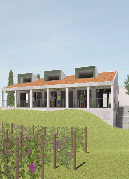 Cantilevered Roofs and Natural Light in a Clay-Tiled Tasting Room Nestled Among Vineyards