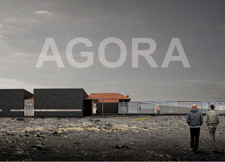 Lava Stone and Cor-Ten Steel Structures Within a Volcanic Community Hub