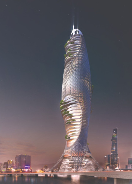 Helical Form with Vertical Gardens and Photovoltaic Panels in a Sustainable Office Tower