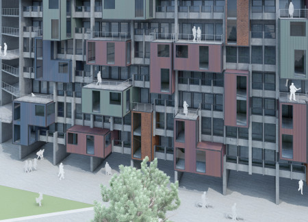 Container-Driven Housing Solution Featuring Sustainable Concrete and Communal Green Spaces
