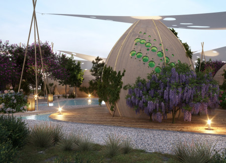 Bamboo-Structured Retreat Incorporating 3D-Knitted Roofs Within a Vineyard Landscape