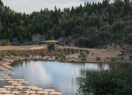 Floating Pathways and Glass Façades Crafted from Timber and Stone in a Community-Centric Space  