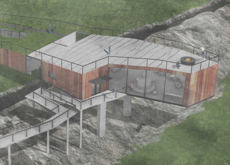 Elevated Cured Concrete Structure Featuring Reclaimed Stone and Timber Cladding Over Geological Fault