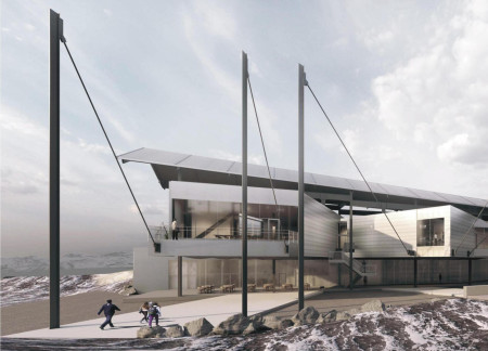 Tension Cable Structure Enveloped in Charred Wood and Expansive Glass Overlooking Volcanic Landscapes  