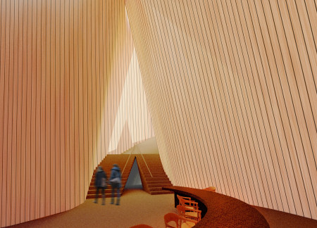 Viewing tower with a tapered concrete silhouette and sustainable cross-laminated timber elements in a rugged volcanic landscape