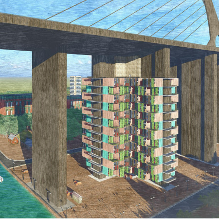 Bridge-Integrated Housing Crafted from Prefabricated Timber Panels and Sustainable Materials