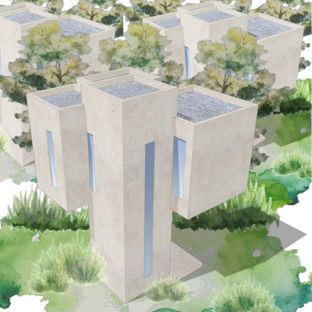 Charred Wooden Shingles and Concrete Thermal Mass Define Sustainable Living Units in Urban Landscape
